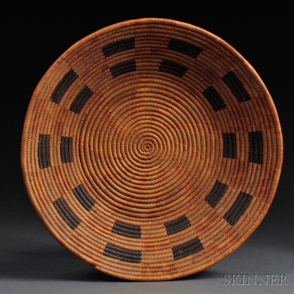 Appraisal: Mission Polychrome Basketry Bowl the shallow form with repeat block