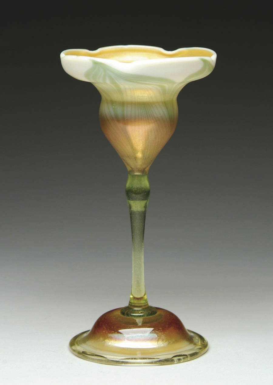 Appraisal: TIFFANY FLOWER FORM VASE Green pulled feather decoration on opal