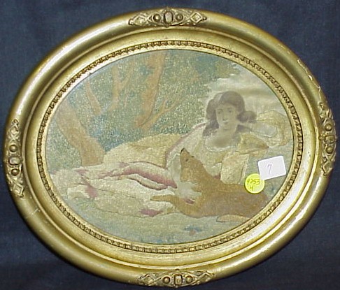 Appraisal: Embroidered oval picture on silk woman with dog framed ss