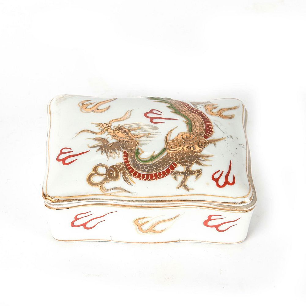 Appraisal: PORCELAIN TRINKET BOX WITH JAPANESE DRAGON Hand painted porcelain trinket