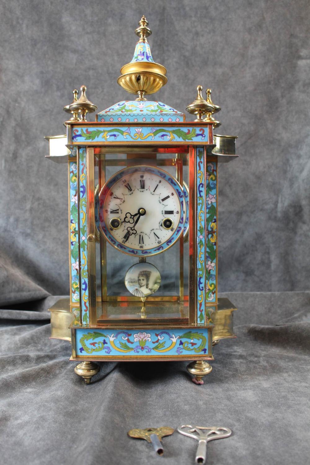 Appraisal: BRASS AND CLOISONNE ENAMEL MANTEL CLOCK Chinese late th century