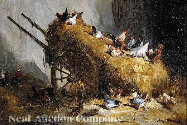 Appraisal: American School th c Chickens on a Hay Cart oil