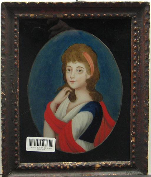 Appraisal: A reverse painted glass portrait of a young woman th