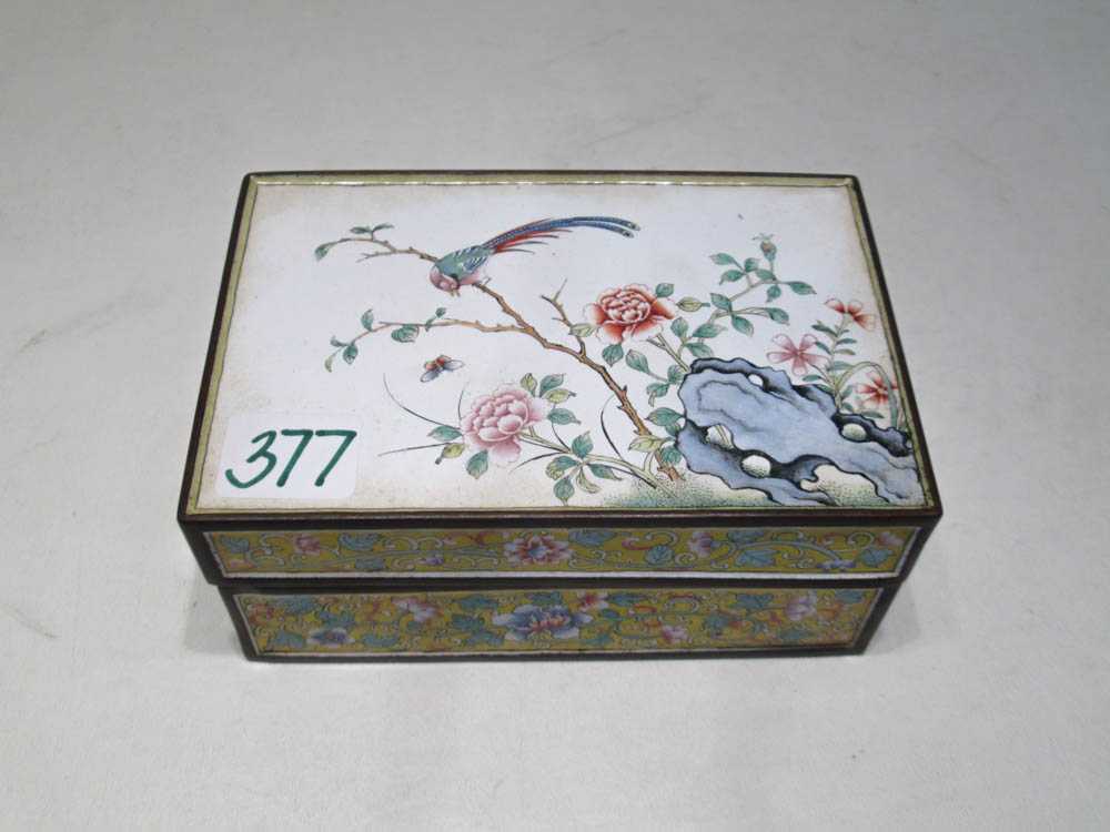 Appraisal: CHINESE ENAMELED RECTANGULAR BOX the lid with bird and floral