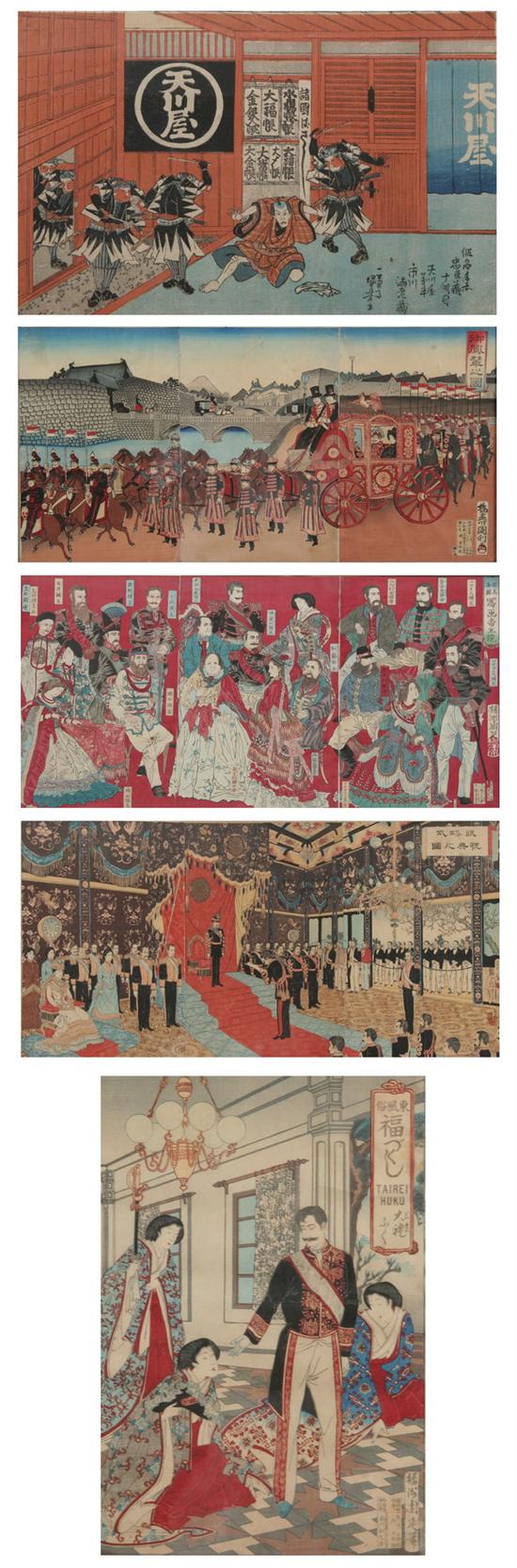 Appraisal: JAPANESE SCHOOL Meiji Period EUROPEAN SUBJECT Triptych woodcut together with