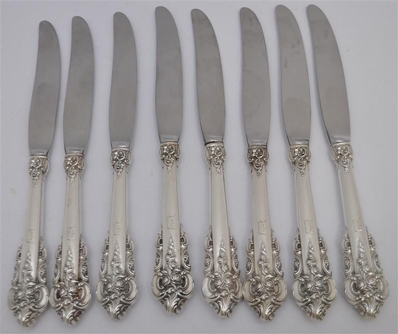 Appraisal: STERLING GRAND BAROQUE DINNER KNIVES Eight Sterling Siver Wallace Grand