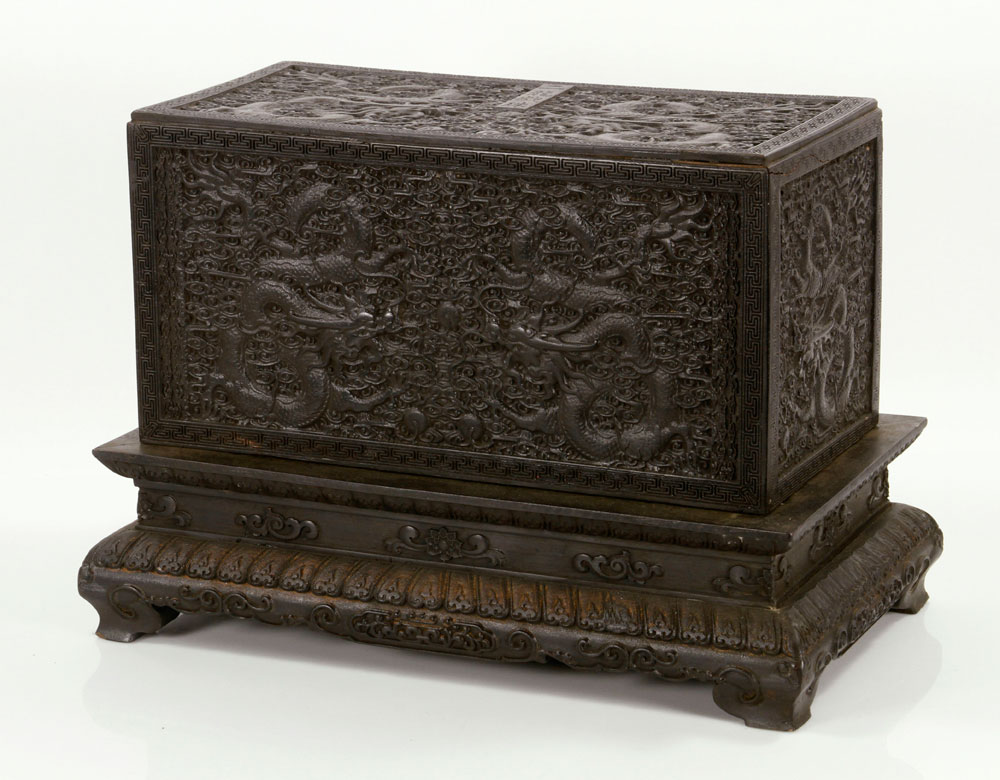 Appraisal: - Chinese Carved Box on Stand Zitan Chinese carved box