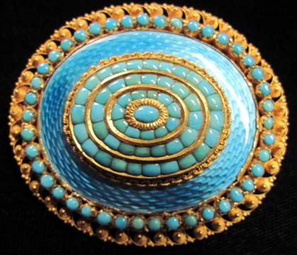 Appraisal: High karat yellow gold turquoise and enamel brooch Oval shaped