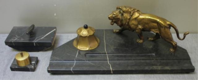 Appraisal: Bronze and Marble Inkwell Set Includes a blotter stamp holder