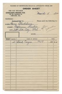 Appraisal: Blackstone Harry Henry Boughton Receipt for Blackstone Vanishing Birdcages Issued