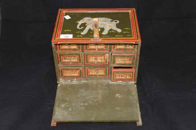 Appraisal: AN INDIAN PAINTED BOX of spice drawers wide