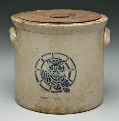 Appraisal: Stoneware crock with tiger stencil decorated with lion or tiger