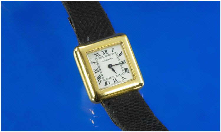 Appraisal: ct Gold Ladies Longines Wristwatch White Porcelain Square Dial With