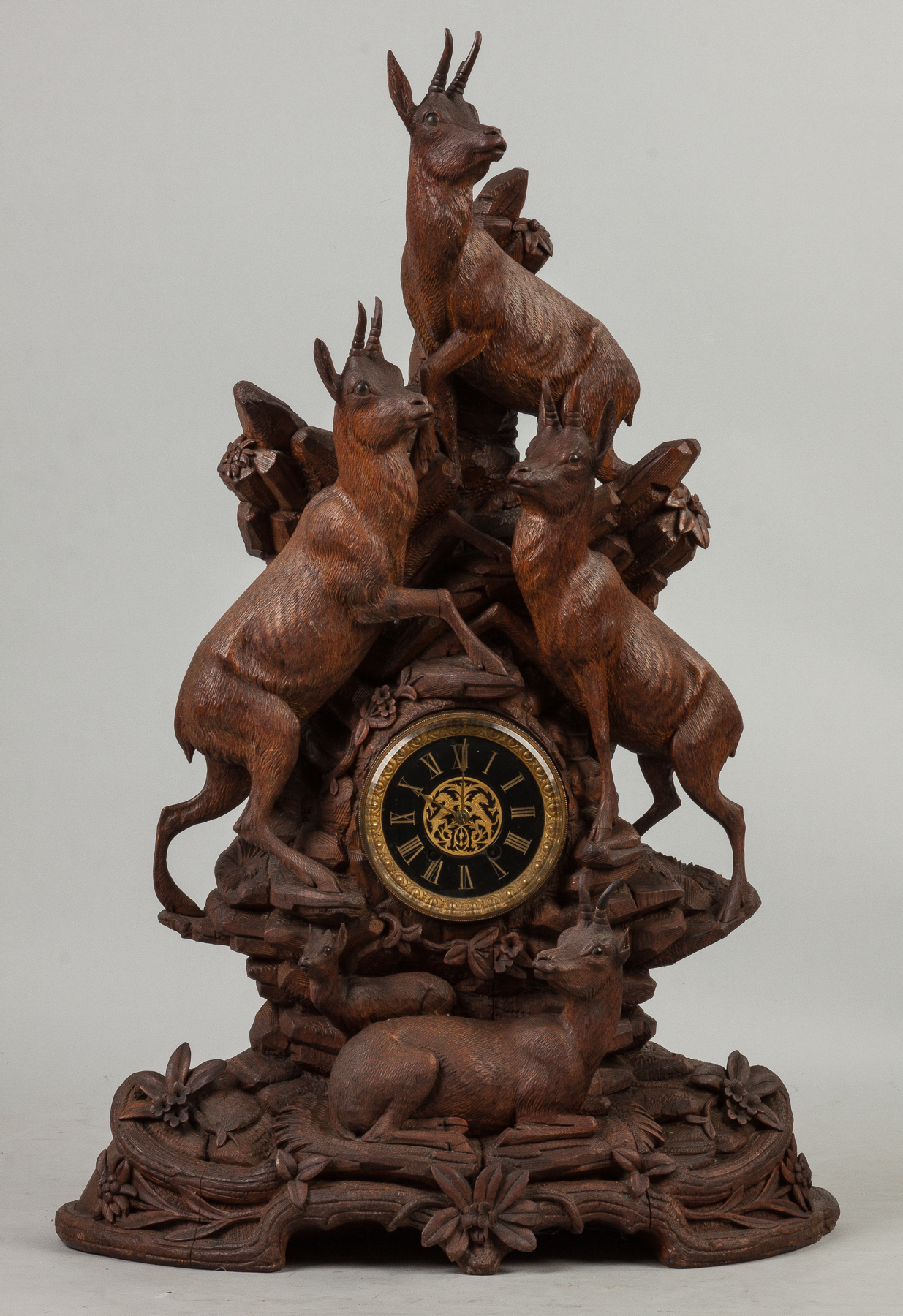 Appraisal: Carved Black Forest Clock with Mountain Goats and Foliage th