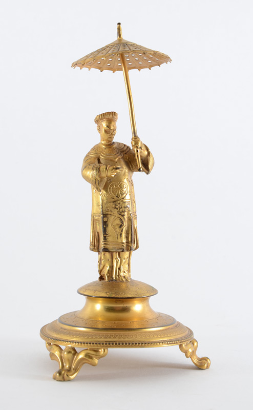 Appraisal: CHINESE GILT FIGURE UNDER PARASOL Diminutive gilt metal figure of