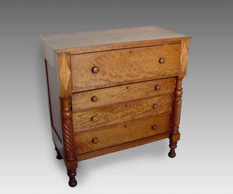 Appraisal: TH C CURLY AND TIGER MAPLE COUNTRY CHEST Overhanging top