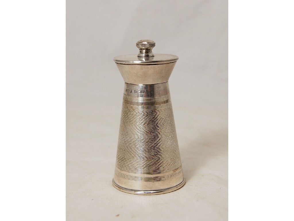 Appraisal: Modern silver engine-turned pepper mill churn-shaped style Birmingham