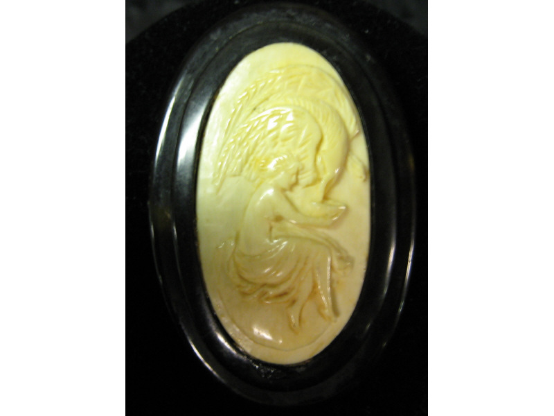 Appraisal: VICTORIAN TORTOISE AND IVORY BROOCH Leda and the Swan design