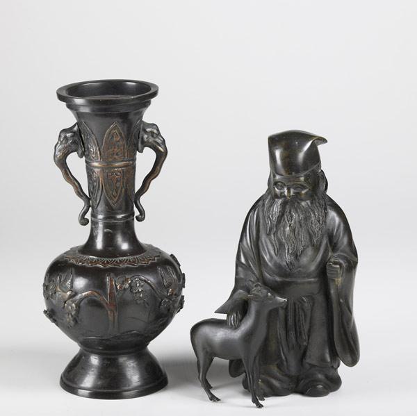 Appraisal: JAPANESE BRONZES Two pieces elephant-handled vase with bird decoration and