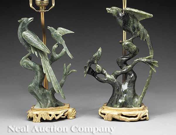 Appraisal: An Associated Pair of Carved Jade Phoenix Birds each mounted