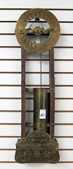 Appraisal: ENGLISH BRASS AND OAK WALL-MOUNT WATER CLOCK P Bryan replica