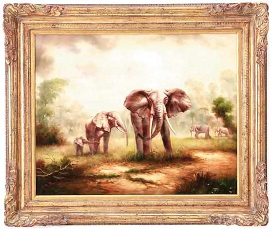 Appraisal: Sam Hunt British school th century HERD OF ELEPHANTS oil