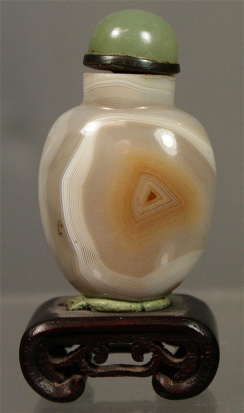 Appraisal: Banded agate snuff bottle with light green jade stopper h