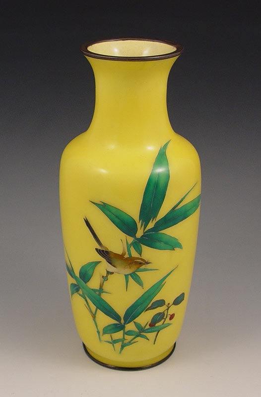 Appraisal: SIGNED BIRD AND BAMBOO DESIGN YELLOW CLOISONNE VASE Silver base