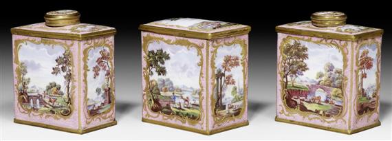 Appraisal: THREE ENAMEL TEA CADDIES ENGLAND STAFFORDSHIRE CIRCA Each with gilt