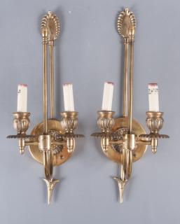 Appraisal: Brass Double Light Sconces Pair Pair of double light brass