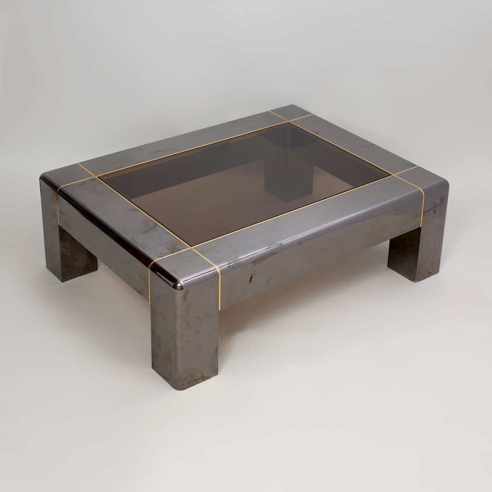 Appraisal: Karl Springer Brass-Mounted Gunmetal Steel and Smoky Glass Low Table