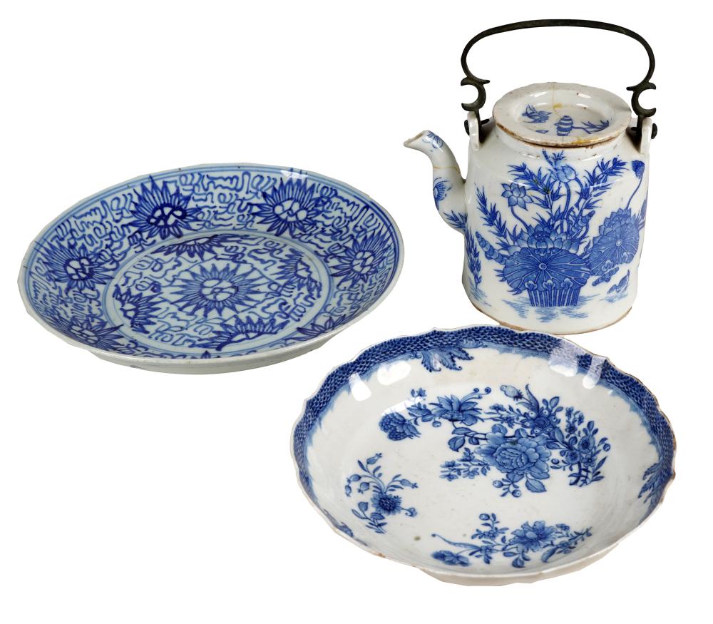 Appraisal: THREE BLUE WHITE PORCELAIN PIECEScomprising a teapot with a metal