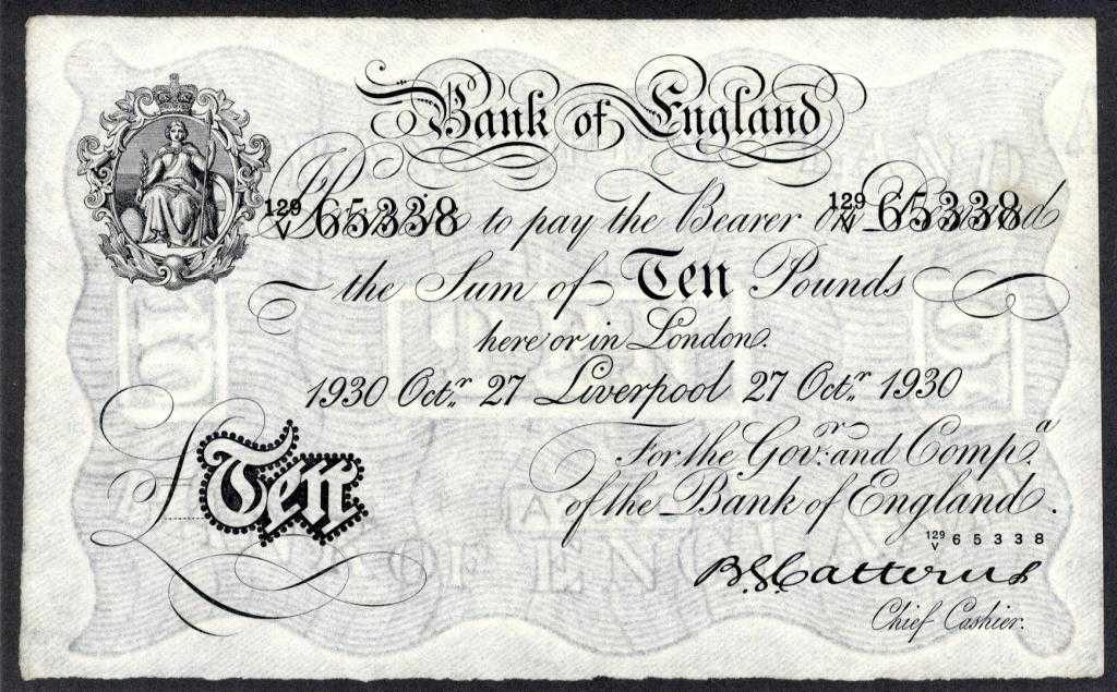 Appraisal: BANK OF ENGLAND B G CATTERNS WHITE TEN POUNDS LIVERPOOL