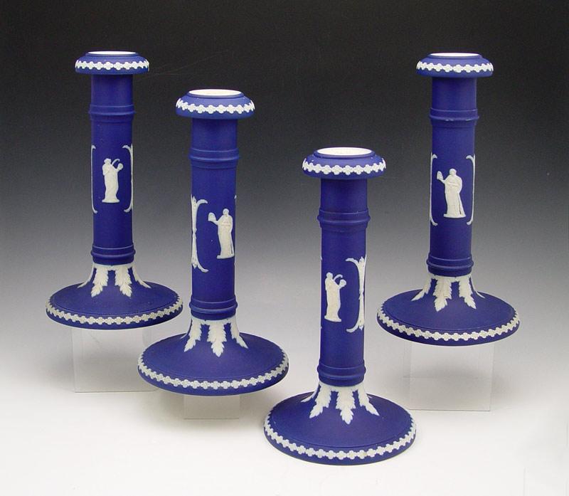 Appraisal: DUDSON BROTHERS JASPERWARE CANDLESTICKS Hanley England White on darkest blue