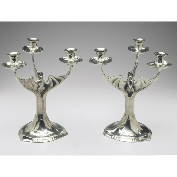 Appraisal: Unusual Kayserzinn candelabras pair pewter with a repousse bat motif