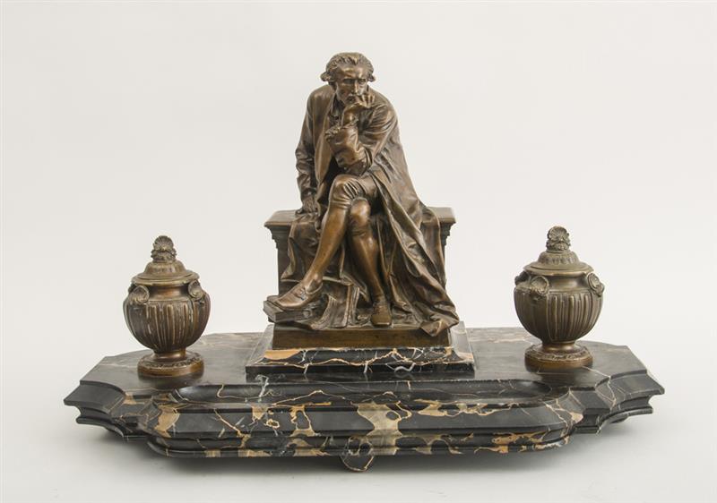 Appraisal: AFTER AIME JULES DALOU - BRONZE-MOUNTED VEINED BLACK MARBLE ENCRIER