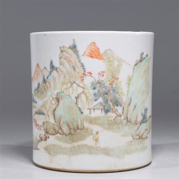 Appraisal: Chinese famille verte enameled porcelain brush pot with landscape and