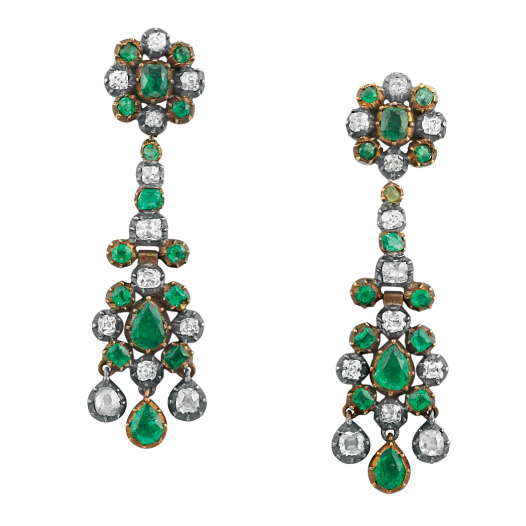 Appraisal: Pair of Antique Silver Gold Emerald and Diamond Pendant-Earrings The