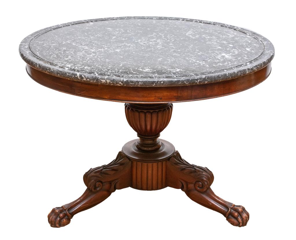 Appraisal: REGENCY STYLE MAHOGANY PEDESTAL TABLE Regency style mahogany paw-foot pedestal