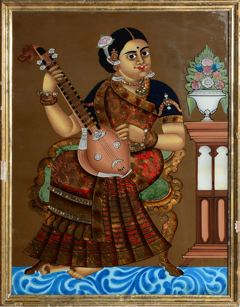 Appraisal: INDIAN REVERSE PAINTING ON GLASS DEPICTING A BEJEWELED BARE-FOOT MUSICIAN