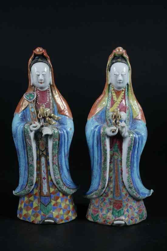 Appraisal: PAIR CHINESE FAMILLE ROSE PORCELAIN FIGURES OF GUANYIN Early th