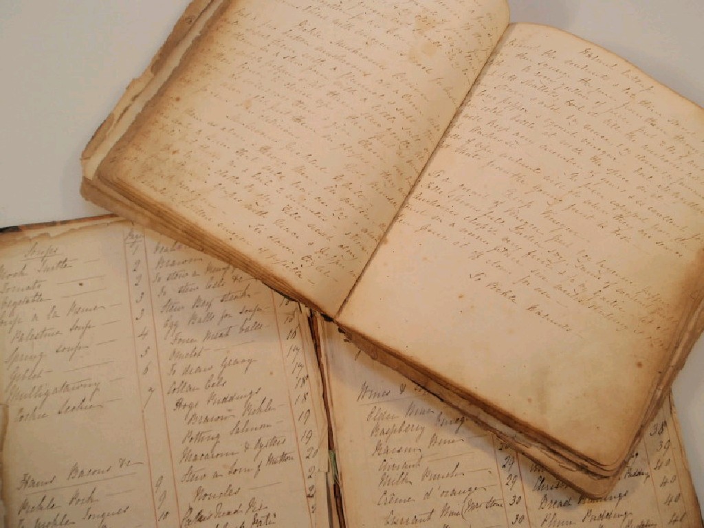 Appraisal: Two thC hand written cookery recipe books in marble boards