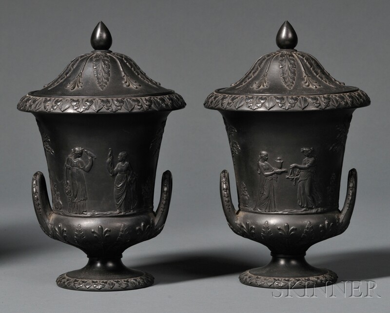 Appraisal: Pair of Wedgwood Black Basalt Vases and Covers England mid-