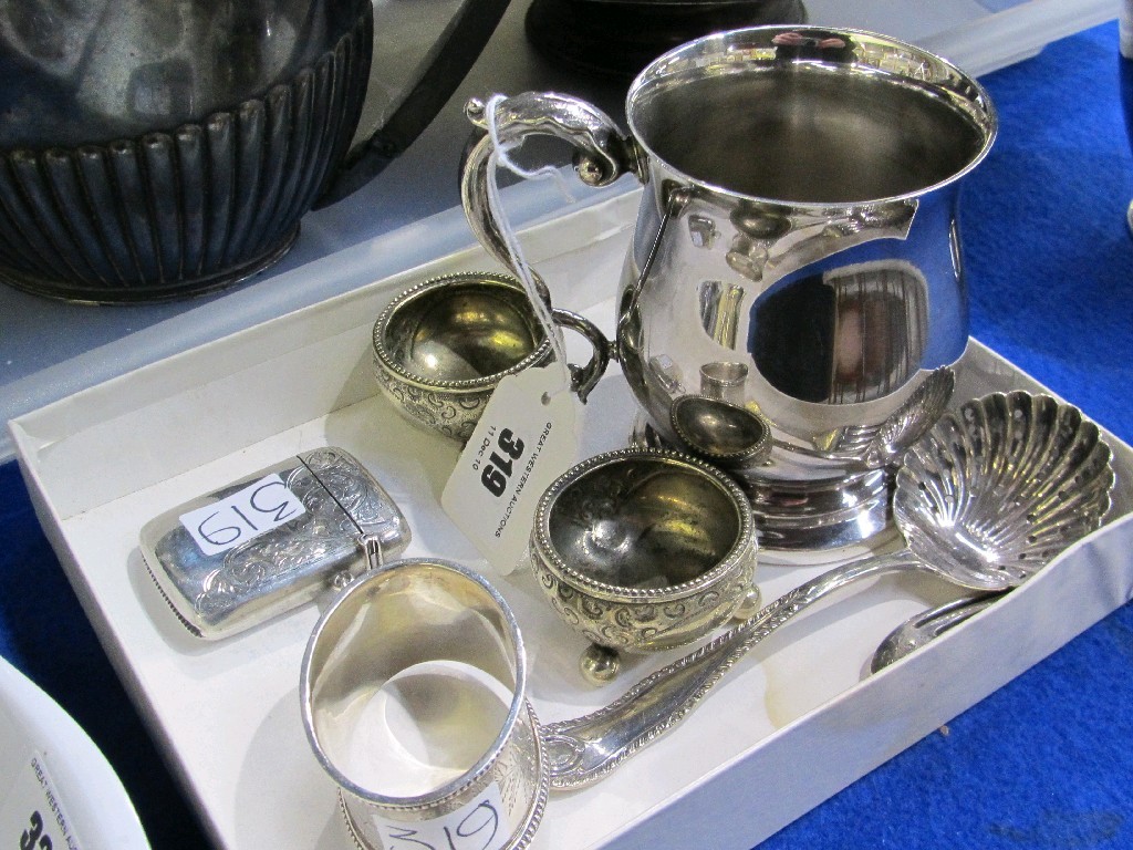 Appraisal: Lot comprising EP tankard sifter spoon pair of salts silver