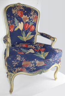 Appraisal: Louis XV style carved upholstered arm chair in blue and