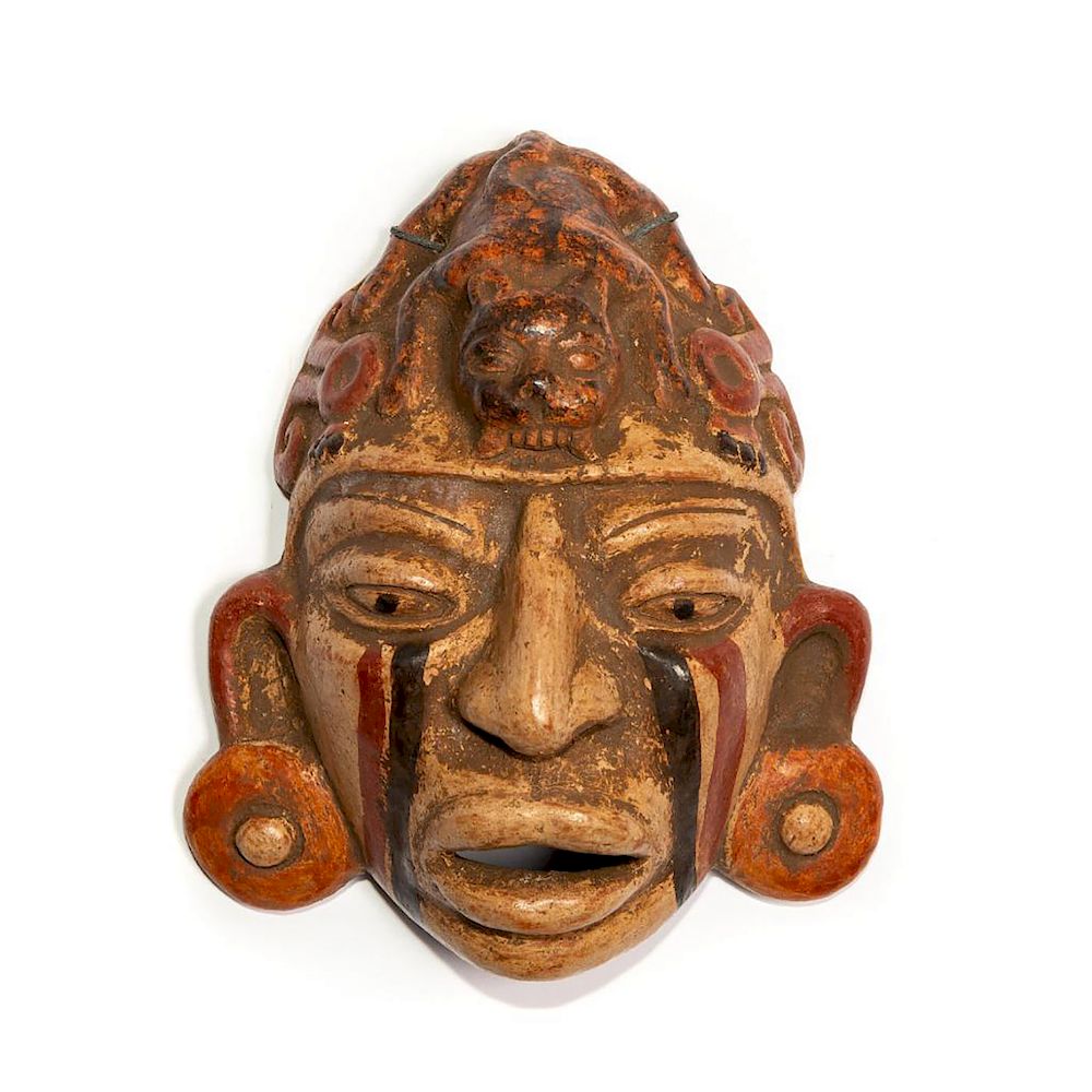 Appraisal: MESOAMERICAN ALLEGORICAL GROTESQUE TRIBAL WALL MASK Glazed ceramic Tezcatlipoca Modeled