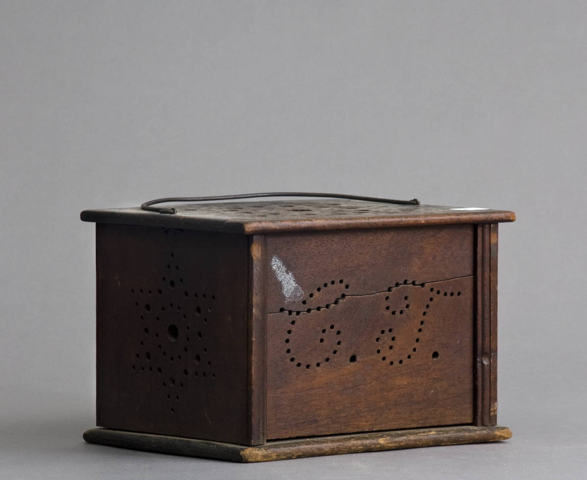 Appraisal: EARLY AMERICAN WOODEN FOOT WARMER WITH PUNCHED OWNERS INITIALS Length