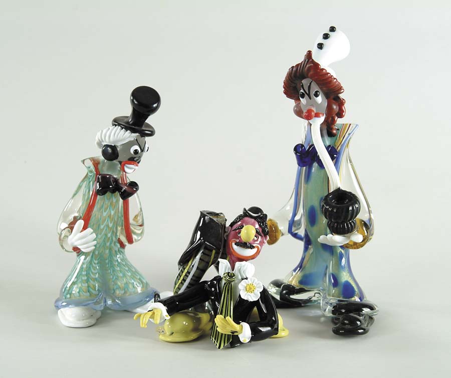 Appraisal: THREE ITALIAN COLORED GLASS CLOWNS Tall - h clown smoking