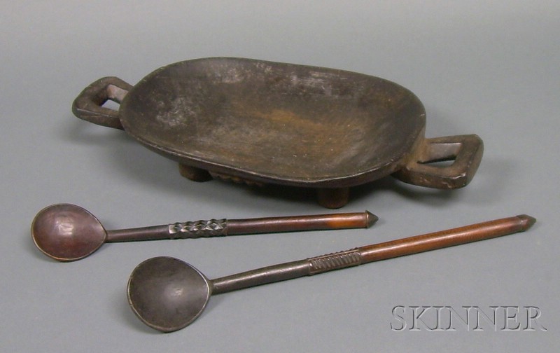 Appraisal: African Carved Wood Bowl and Two Spoons Shona the bowl