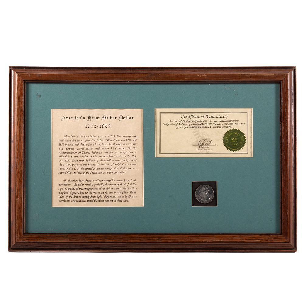 Appraisal: Colonial Spanish Silver Dollar in Frame America's First Silver Dollar